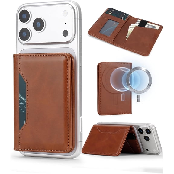 For MagSafe Wallet,Magnetic Card Holder RFID Blocking Wallet with 5 Card Slots & Cash Pocket For iPhone 17/16/ 15/14/ 13/12/ Pro/Max/Plus/Air Brown