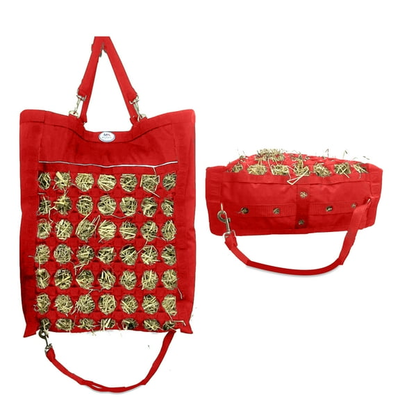 Majestic Ally Nylon Reflective 2.5" Octagon Hole Slow Feed Hay Bag for Horses, Adjustable Travel Feeder for Trailer, Stall, Simulates Grazing, Reduces Waste