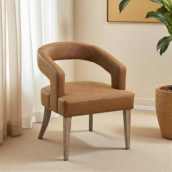 Hassch Modern Open Back Barrel Chair with Weathered Wood Legs, PU Leather Upholstered Accent Lounge Chair for Living Room & Home Office (Brown)