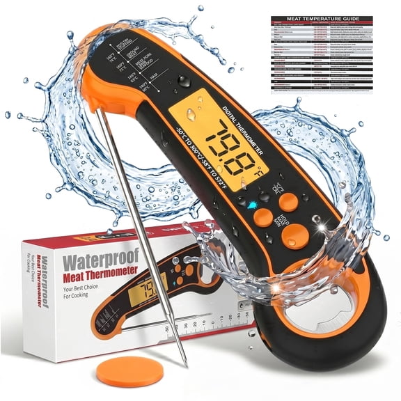 M Buder Digital Meat Thermometer, Waterproof Instant Read Food Thermometer for Cooking Grilling, Air Fryer, Professional Thermometer Gift for Men, Dad, Mom, Orange