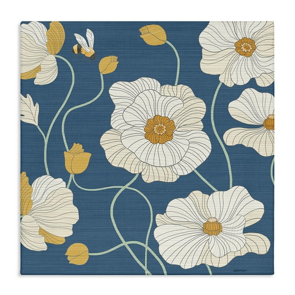 Stupell Industries Bee & White Poppies Plants & Flowers Painting Wrapped Canvas Art Print Wall Art, 17 x 17