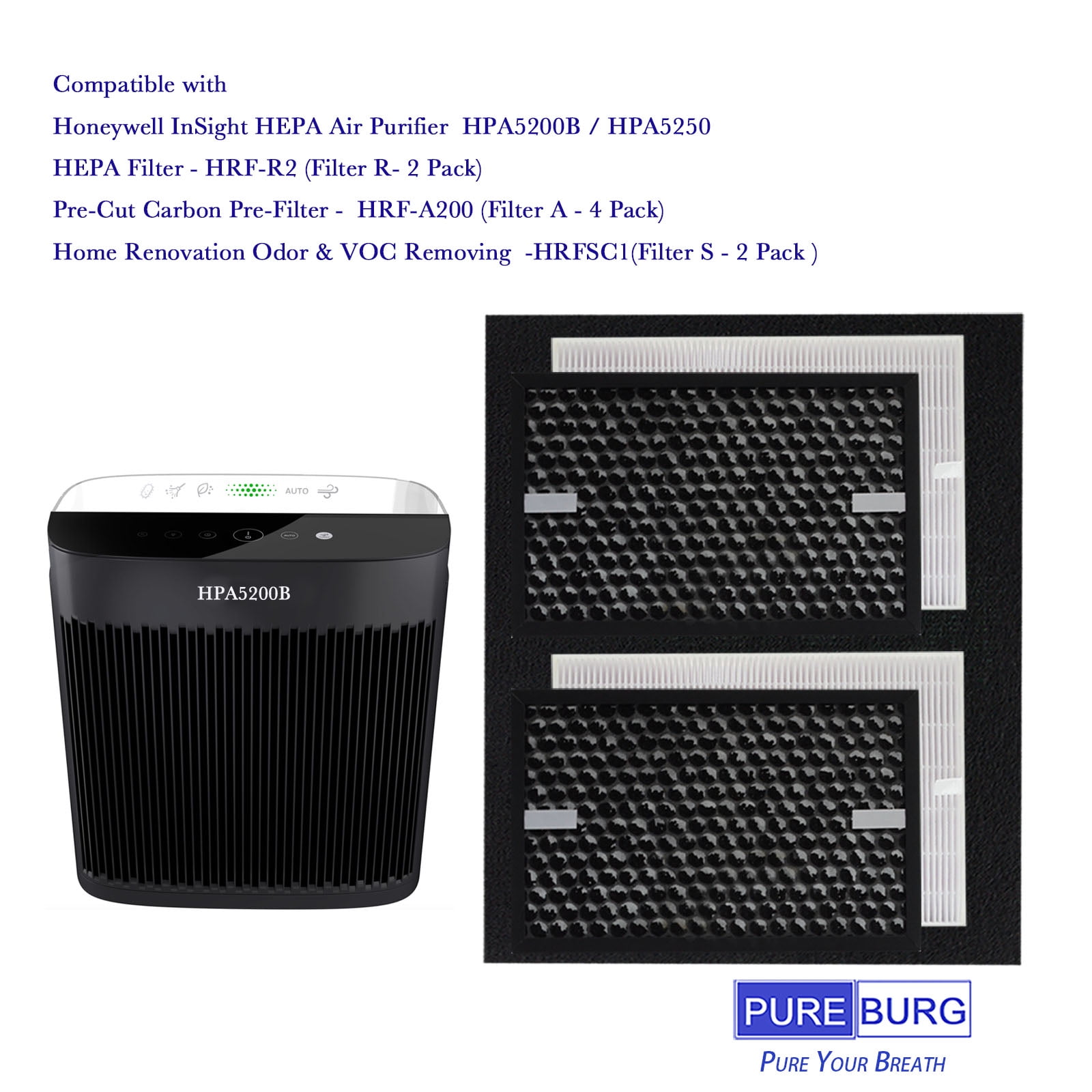 PUREBURG Replacement True HEPA Filter Kit Compatible with Honeywell InSight Air Purifiers, HPA5200B / HPA5250 , HRF-R2 HRFSC1 HRF-A200 ,True HEPA Activated carbon Pre-Filter