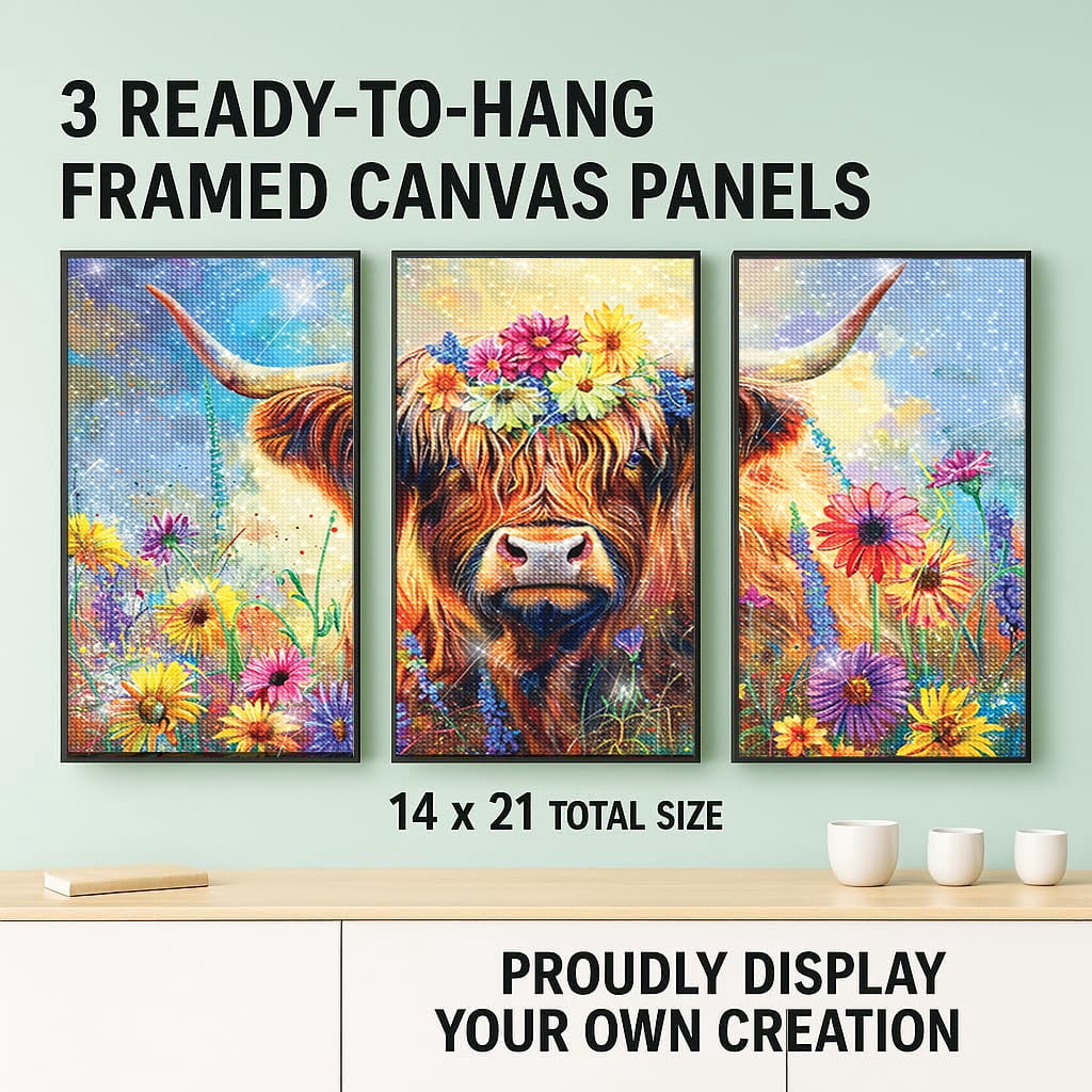 ArtSkills Diamond Painting Kit, Diamond Art Ready to Hang Framed Canvas with Storage and Accessory Kit, Highland Cow, 3 Stretched Canvas Panels, 14” x 7” Each