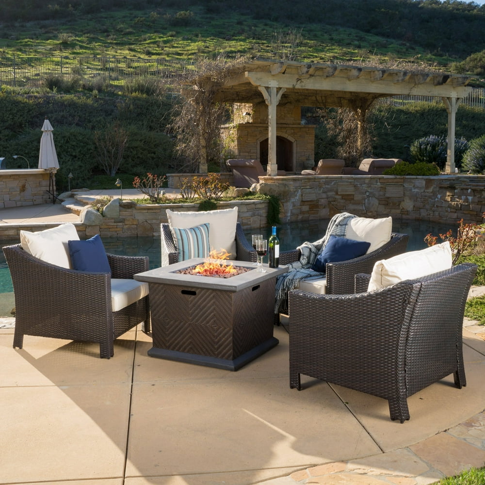 Estelle 5 Piece Outdoor Club Chair and Square Fire Pit Conversation Set