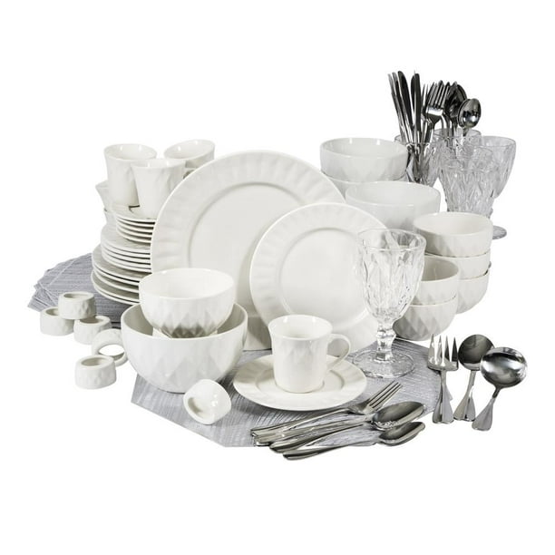 Vajilla Gibson Elite Diamond Cerámica Blanco con Copas, Cubiertos y  Accesorios Blanco 81 Piezas