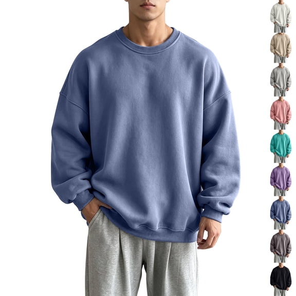 Sweater Men Dqueduo Men's Fleece Lined Solid Color Crew Neck Sweatshirt Oversized Loose Fit Casual Pullover, Sizes M-5XL