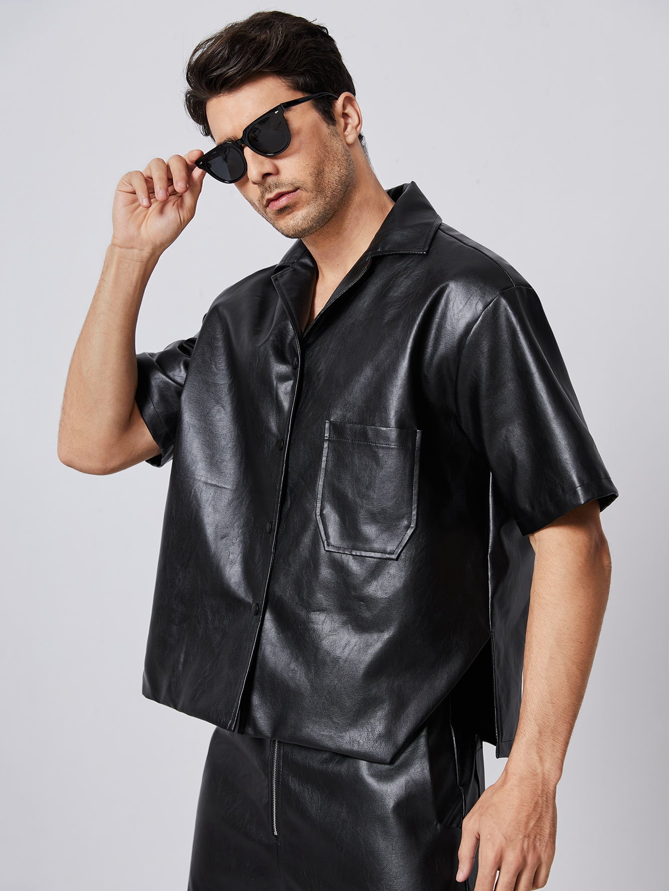 Men Pocket Patched PU Leather Shirt M(6 