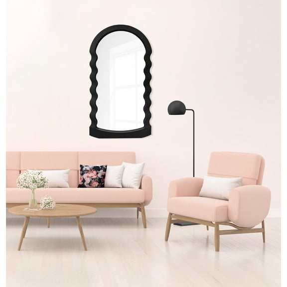 24 x 44" Arched Black Wavy Wood Frame Mirror