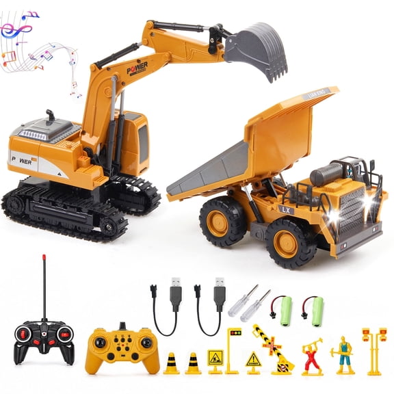 2 PCS RC Excavator and Dump Truck Toy Set, Remote Control Construction Vehicle with Lights & Sounds, 2.4Ghz Metal Remote Control Excavator Toy Gift for Kids Ages 3-12