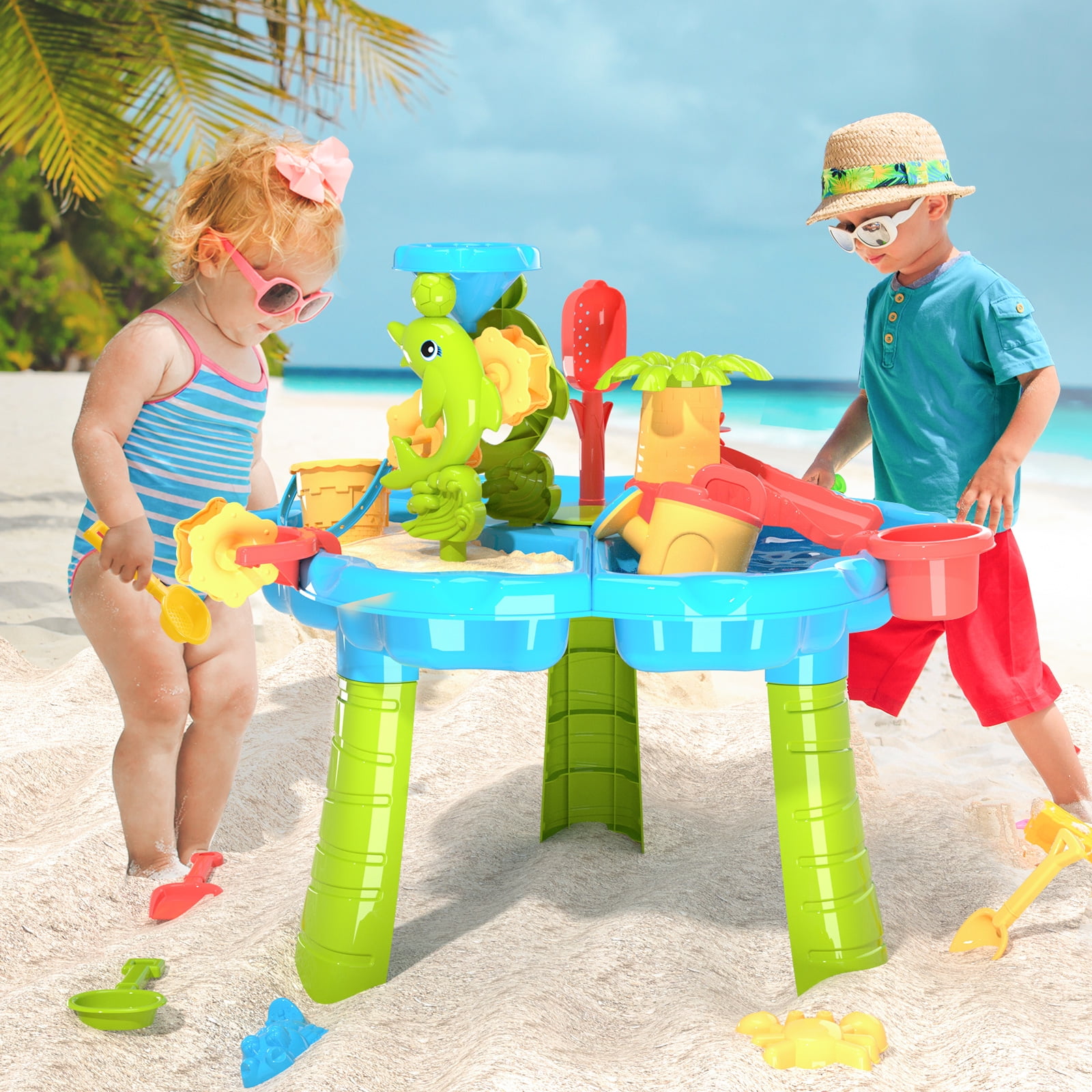 3-in-1 Sand Water Table, 28PCS Kids Beach Summer Toys Sensory Play Table with Dolphin Water Wheel, Molds, Bucket, Shovel for Toddlers Boys Girls