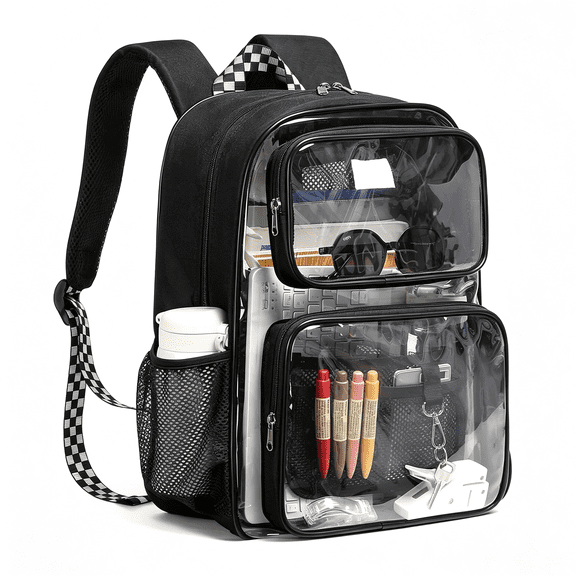 AOMRCOL Clear Backpack Heavy Duty -17In Extra Large Bookbag,Reinforced See through Security Fabric&Pvc Transparent Backpack for Stadium Events,Travel,Work,College,Black