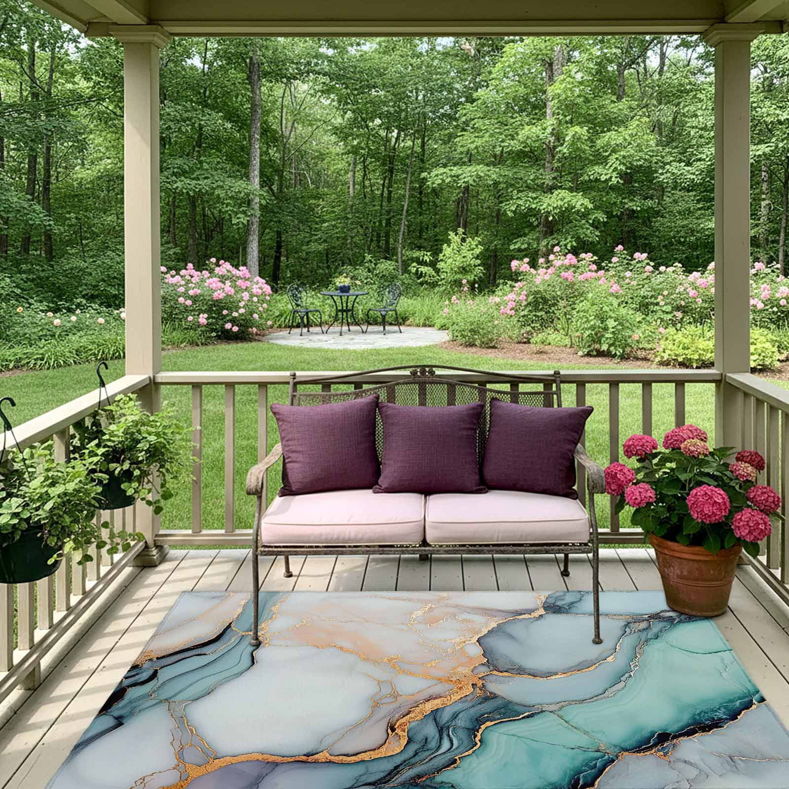 Outdoor Rug 5x8ft Teal Blue Grey Marble Large Area Rug Modern Abstract Art Indoor Outdoor Carpet Outdoor Rugs Mats for Patio Camping,RV,Front Door, Outside Decor