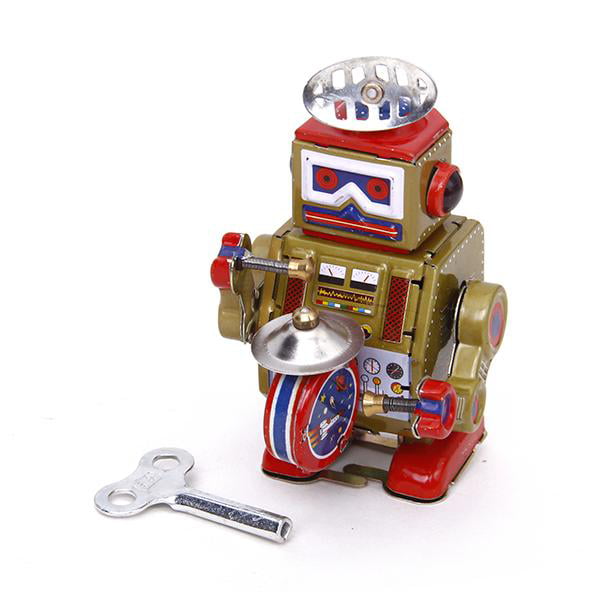 Retro Wind Up Walking Drumming Robot Drummer Clockwork Mechanical Tin Toy 