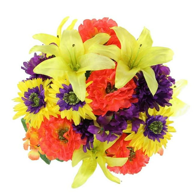 GPB7357-YW-OR-PUR 24 Stems Faux Full Blooming Ranunculus, Lily, Hydrangea Mixed Flower Bush-Yellow, Orange & Purple