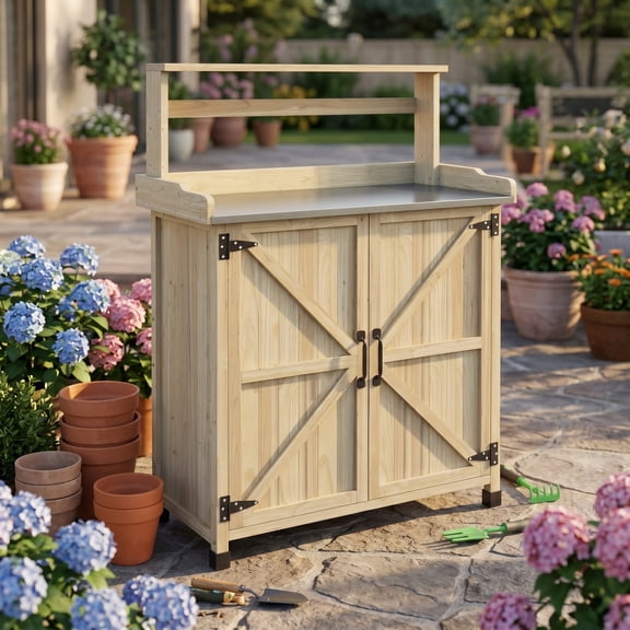 Zateety Potting Bench, Outdoor Potting Table with Storage Cabinet and 2 Shelves, Garden Work Bench with Galvanized Steel Top for Backyard Balcony – Natural Wood