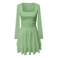thumbnail image 3 of Women's Fashion Long Sleeve,Women's Square Neck Pleated Hem Dress Solid Color Waist Cinched Long Sleeved Dress Mint Green, 3 of 4