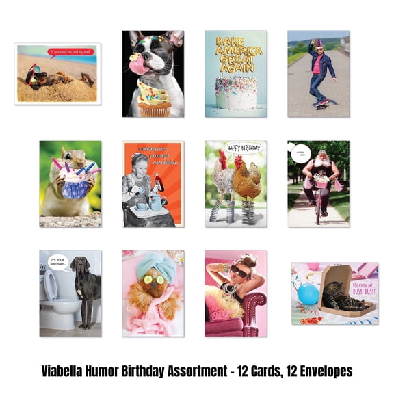 Viabella Humor Birthday Card Assortment - 12 Cards, 12 Envelopes