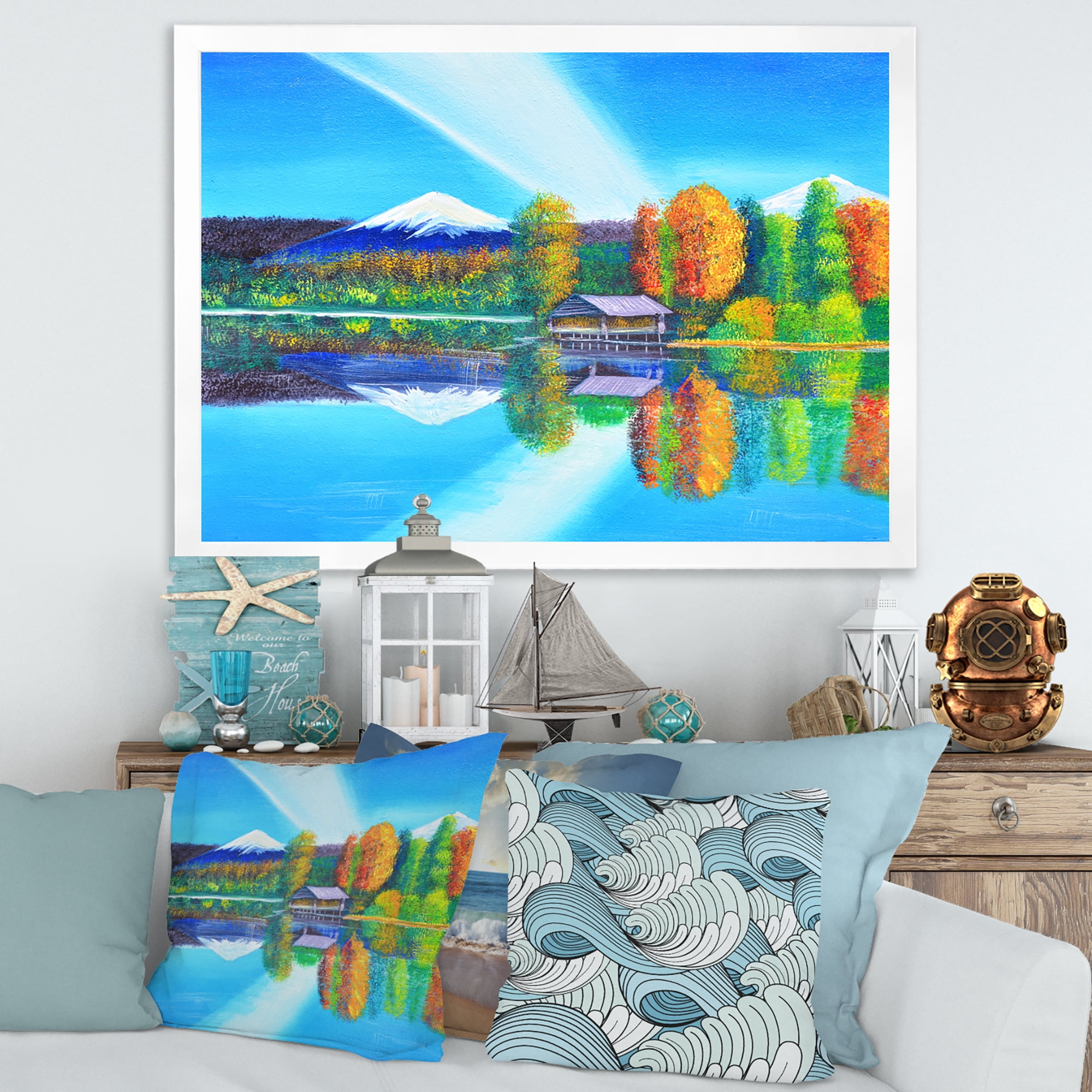 Designart 'Reflection Of Mountain and Sky On The Lake Water' Nautical & Coastal Framed Art Print