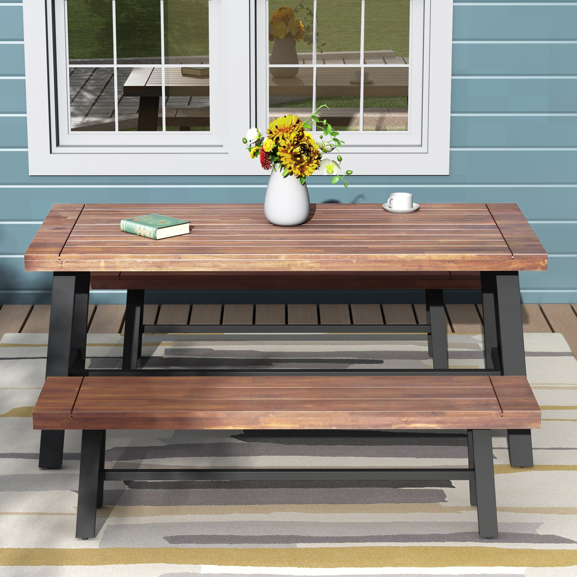 Clearance! Outdoor Dinner Table and 2 Wood Bench Set, Transparent