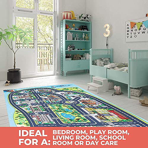 Floor Playmat for Children in a Playroom Toddlers Large 75” x 45” Bedroom or Activity Room Toys Ideal mats for Cars Educational Play Mat for Kids Road and Car Rug with map of New York City 