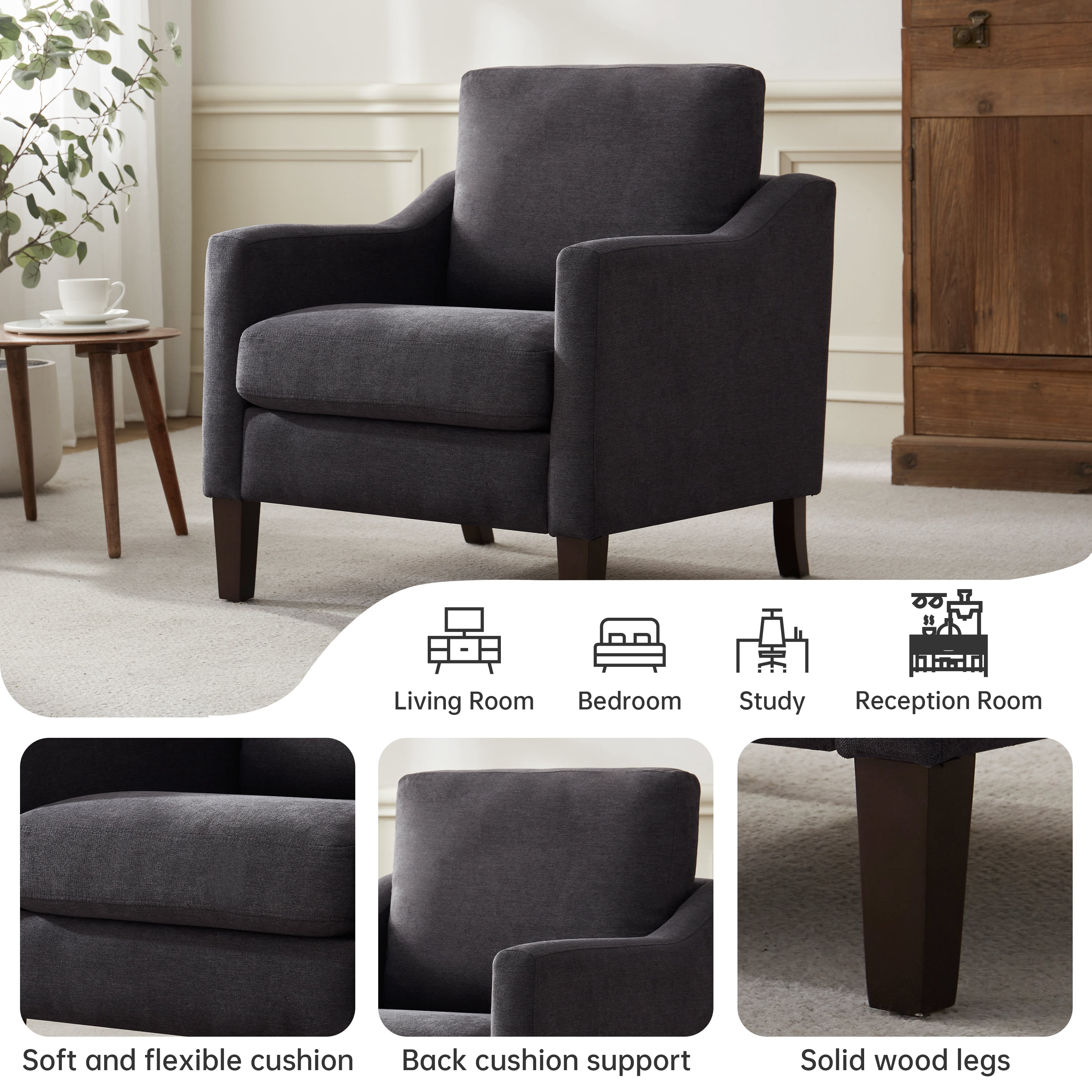 Vknow Furniture Mid Century Modern Upholstered Accent Chair for Living Room and Bedroom,Gray