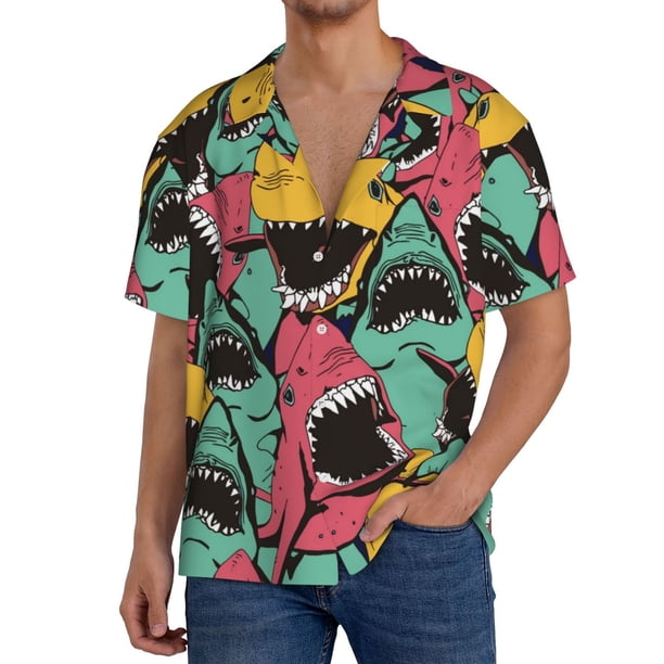 Balery Angry Shark Pattern Camisa Casual de Manga Corta con Botones para Hombre, Texturizada, Estilo Cubano, para Playa, Verano-3X-Large