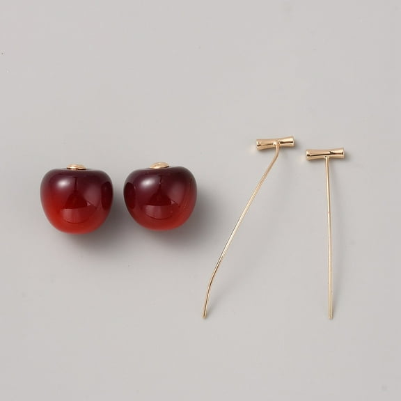 Red Resin Cherry Dangle Stud Earrings Alloy Earrings for Women Golden 48~55x16.5x17mm