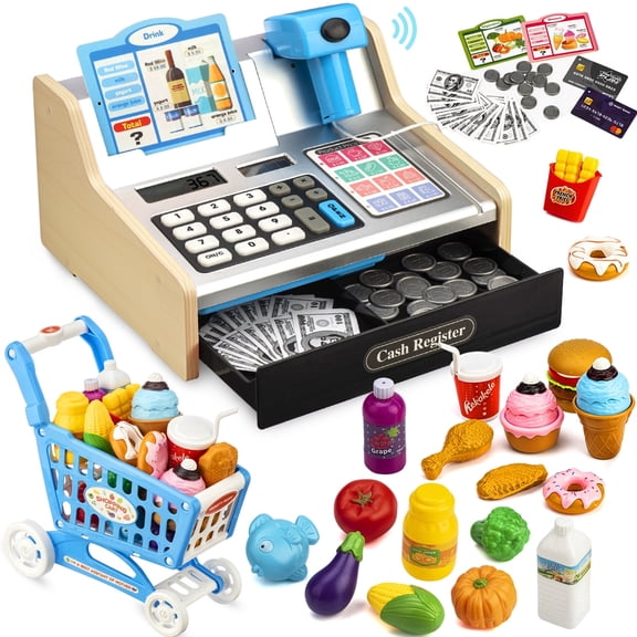 VROGTIK Wooden Toy Cash Register with Scanner, Realistic Pretend Play Set with Rich Accessories, Role-Play Gift for Ages 3-8