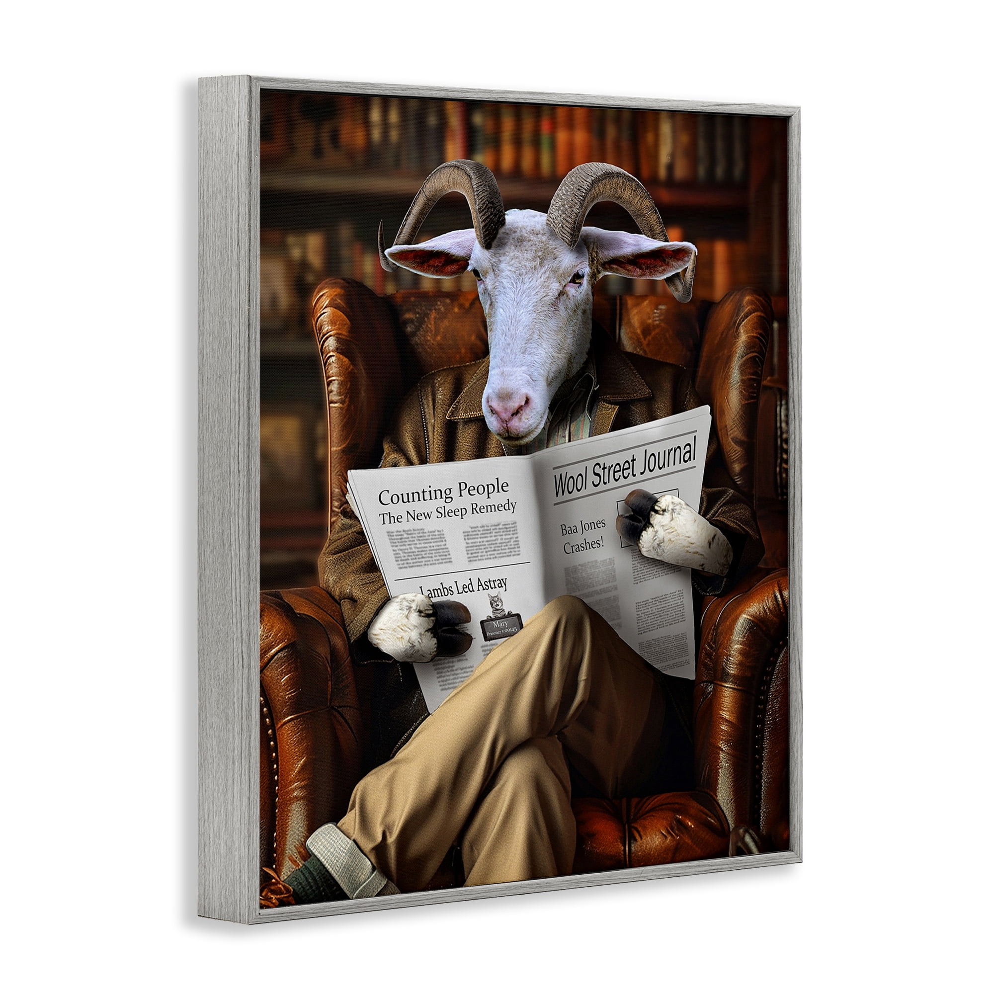 Stupell Industries Goat in Vintage Library Animals & Insects Painting Gray Framed Art Print Wall Art, 11 x 14
