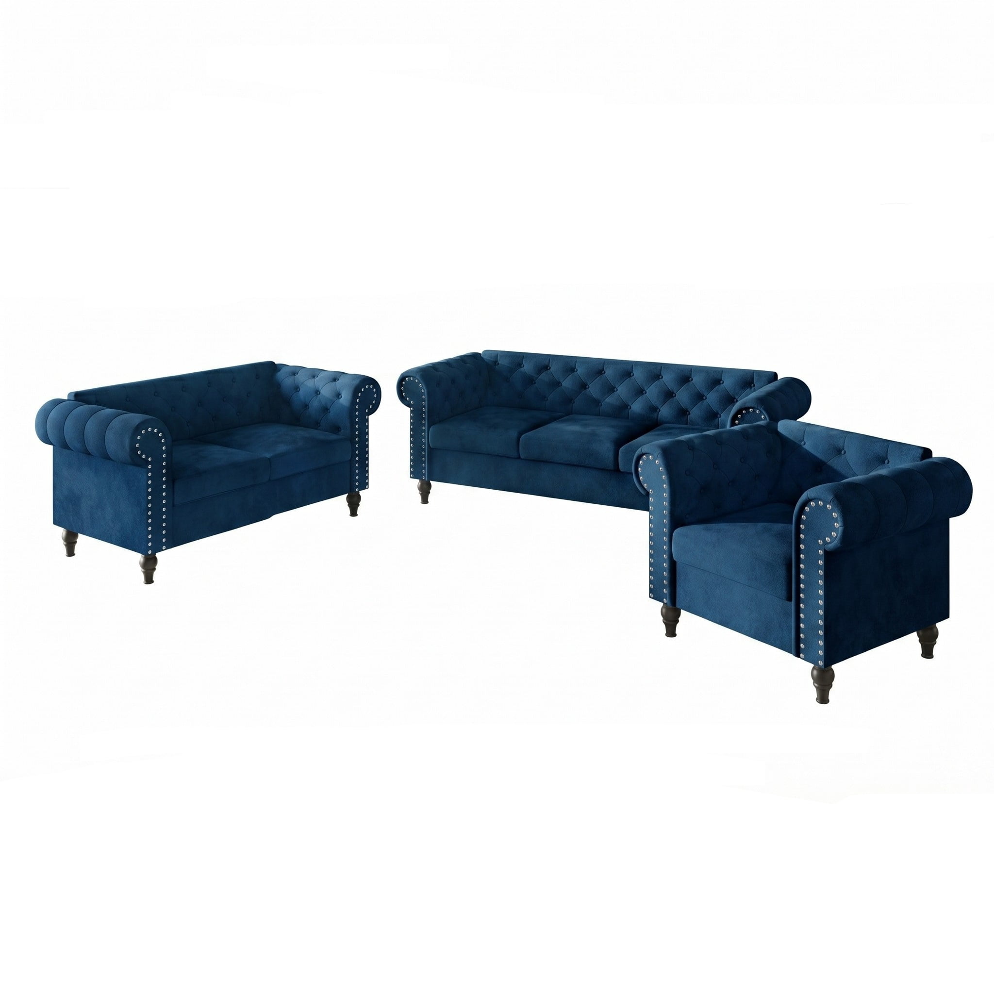 Home Design Kelso 3-Piece Velvet Living Room Set With Rolled Arm Chair, Loveseat and Sofa, Deep Button Tufting and Turned Legs, Blue