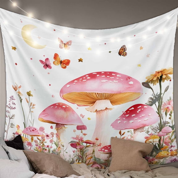 Pink Mushroom Tapestry for Bedroom Wall Hanging Tapestry, Spring Botanical Summer Floral Elegant Ceiling Backdrop Tapestries Poster Blanket Wall Decor for Teens Room Living Room Dorm 39" x 59"