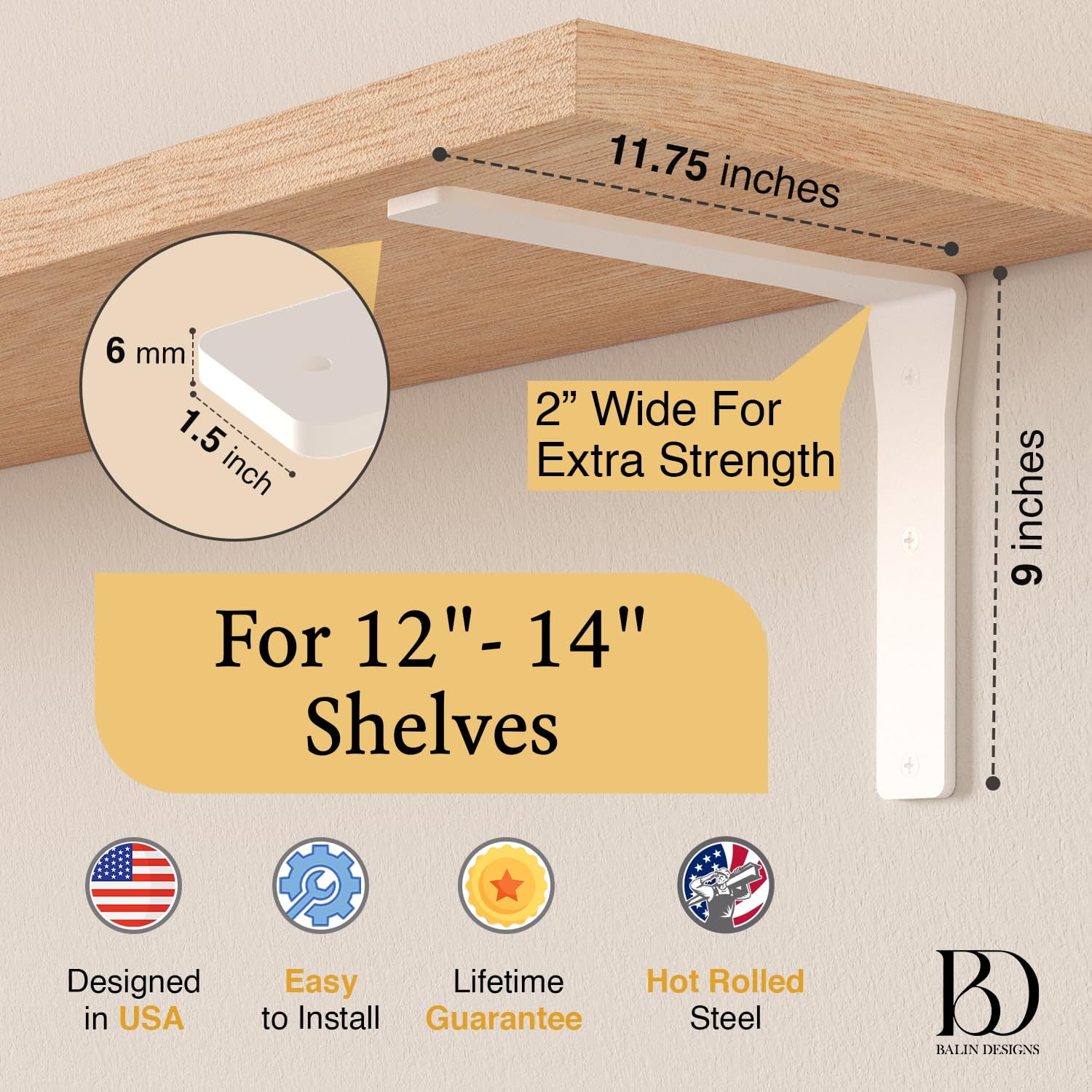 4 Pack Heavy Duty White Shelf Brackets 12 Inch by Balin Designs – Decorative L Bracket for Shelves, Metal Shelf Support Bracket, Wall Mounted Countertop Iron Corbels, Floating Shelving Brackets