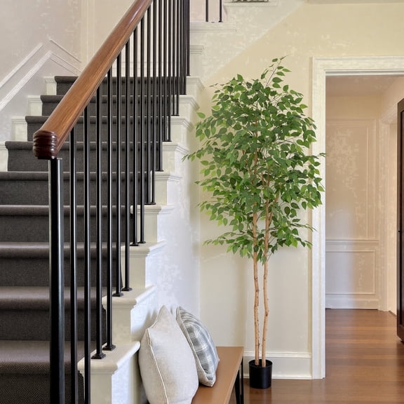 RosyHaven 7ft Realistic Artificial Ficus Tree with Real Wood Trunks and Waterproof Leaves, 84"Resistant UV Faux Ficus Tree for Living Room Bedroom Dining Room Balcony Yard Patio Decor