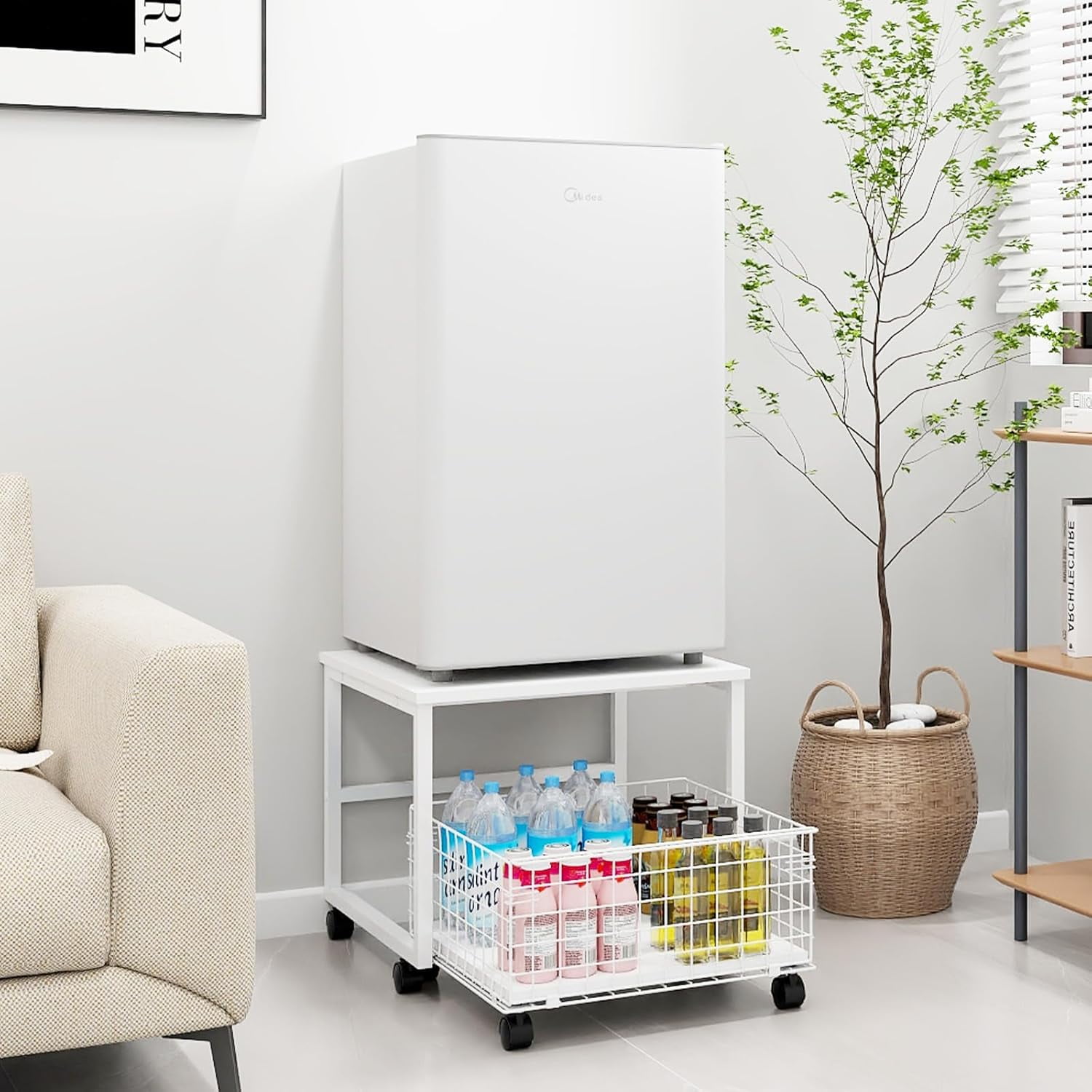 Natwind 19.7x19.7in Mobile Mini Fridge Stand with Large Capacity Storage Beverage Refrigerator Table with Wheels Rolling Compact Fridge Cart