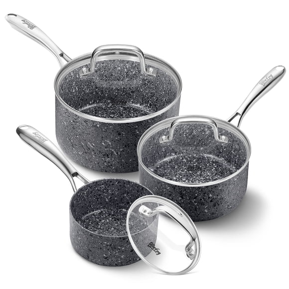 HLAFRG Nonstick Premium 3-Piece Saucepan Set with Glass Lids, Grey, Natural Durable Granite Coating, Nonstick, Durable & Oven Safe to 420°F, 1&2&3QT