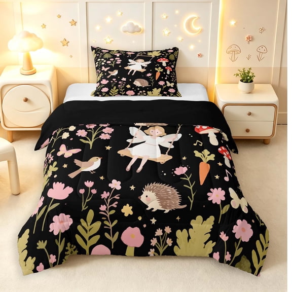 Homewish Cute Fairies Bird Hedgehog Twin Comforter Sets,Kawaii Mushrooms Flowers Bedding Set,Black,Black Reversible,2pcs,1 Comforter and 1 Pillowcase