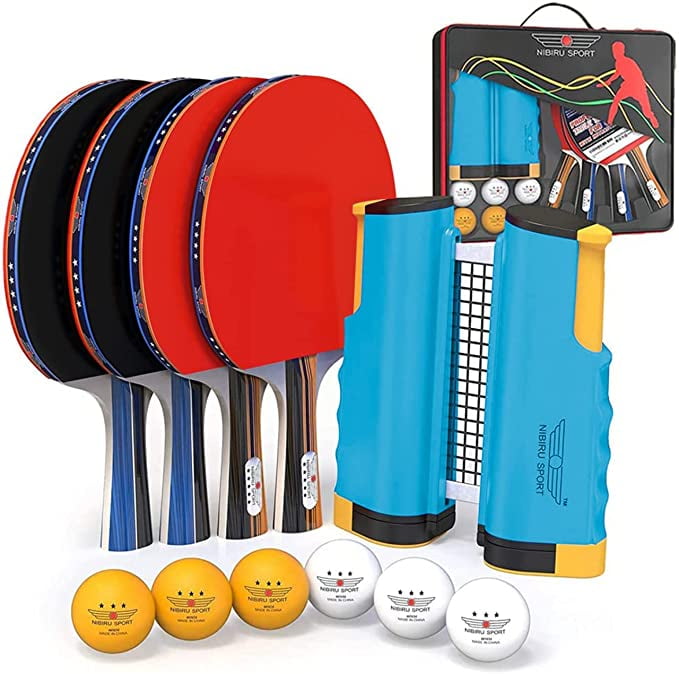 Ping Pong Paddle Set with Retractable Table Tennis Net 4 Professional Paddles