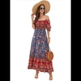 thumbnail image 3 of Vestido Informal, Fluido, con Estampado Floral Bohemio, Hombros Descubiertos, para Mujer (Verano 2025) Fondo Azul XL, 3 of 10