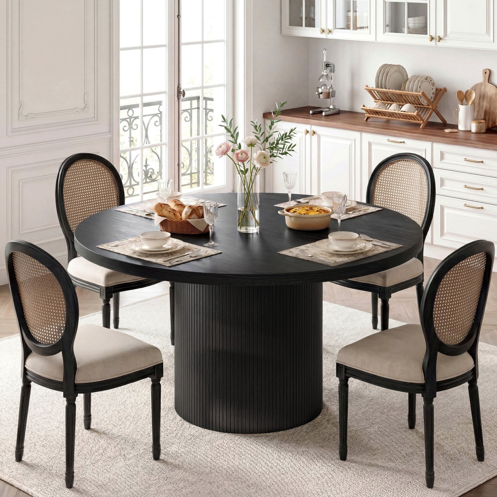 ROGALIS 47 inch Round Dining Table for 4-6, Circle Kitchen Table with Wood Strip Base, Modern Farmhouse Dinner Tables for Kitchen, Living Room, Black