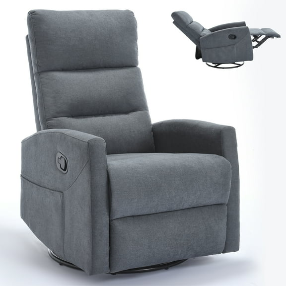 Manual Recliner Chair with Rocker and 360° Swivel, Fabric Upholstered Reclining Chair for Living Room, Comfortable Grey Lounge Chair with Ergonomic Support