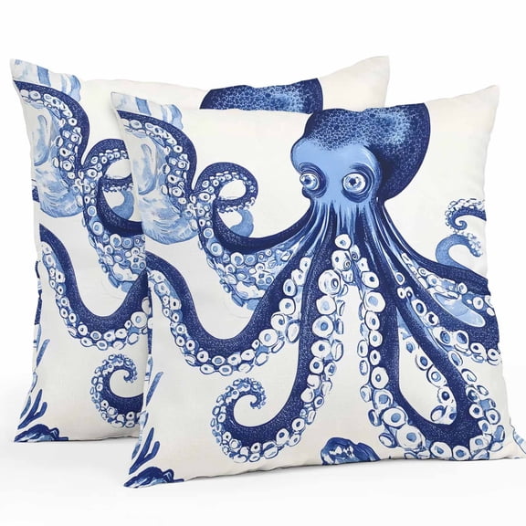 Throw Pillow Covers 24x24 Inch Set of 2, Navy Blue Octopus Coastal Waterproof Outdoor Pillow Covers, Nautical Summer Beach Ocean Decorative Cushion Pillowcases for Couch, Sofa, Bed, Garden, Patio