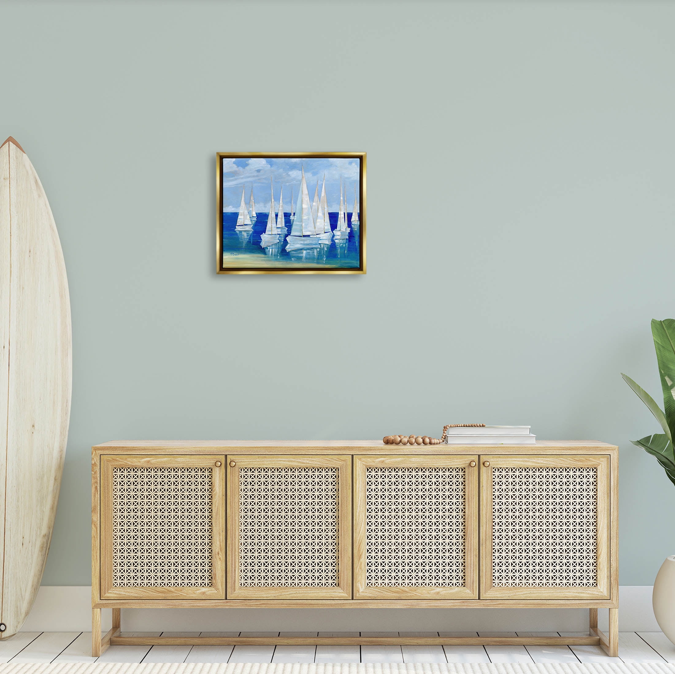 Stupell Industries Blanco Beach Sailboats Reflecting Coast Painting Metallic Gold Floating Framed Canvas Print Wall Art, Design by Paul Brent