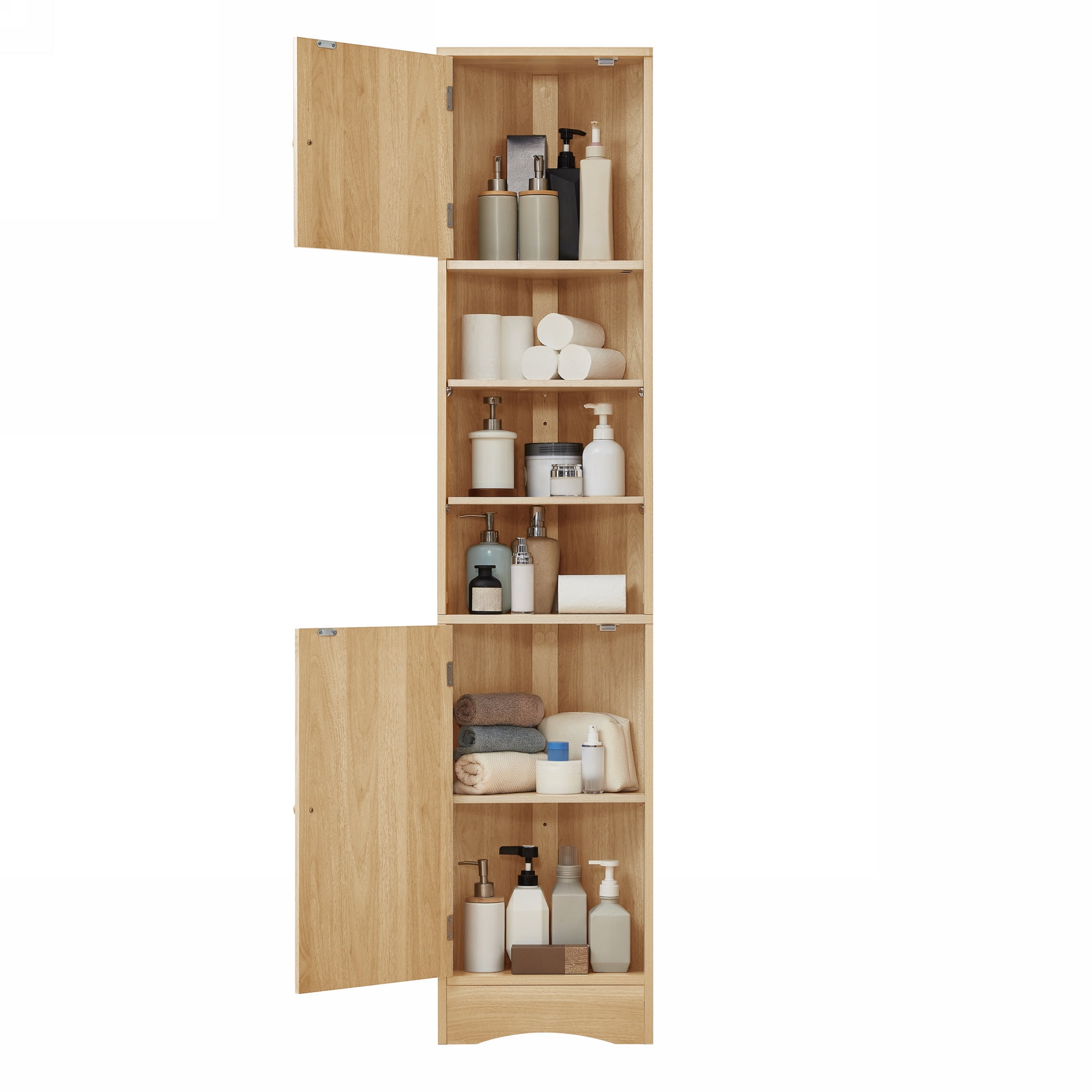 Multi-Functional Corner Cabinet Tall Bathroom Storage Cabinet with Two Doors and Adjustable Shelves, Open Shelf, Natural