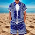 thumbnail image 2 of OOOUM Men All Over Print Outfits Lapel Short Sleeve Button Shirt Drawstring Elastic Waist Shorts Summer Beach Vacation Casual Outfit Blue M, 2 of 5