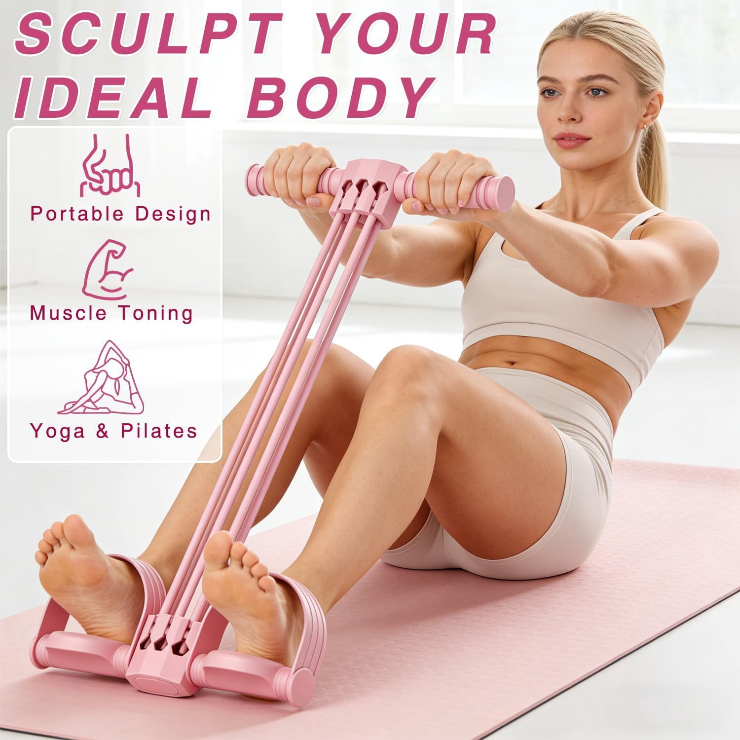 JJEAN-Pedal Resistance Bands with Handles,6-Tube Elastic Yoga Foot Pedal Resistance Band, Natural Rubber Tension Rope, Fitness Shaping Yoga for Abdominal, Leg, Arm and Back Slimming Trainingce