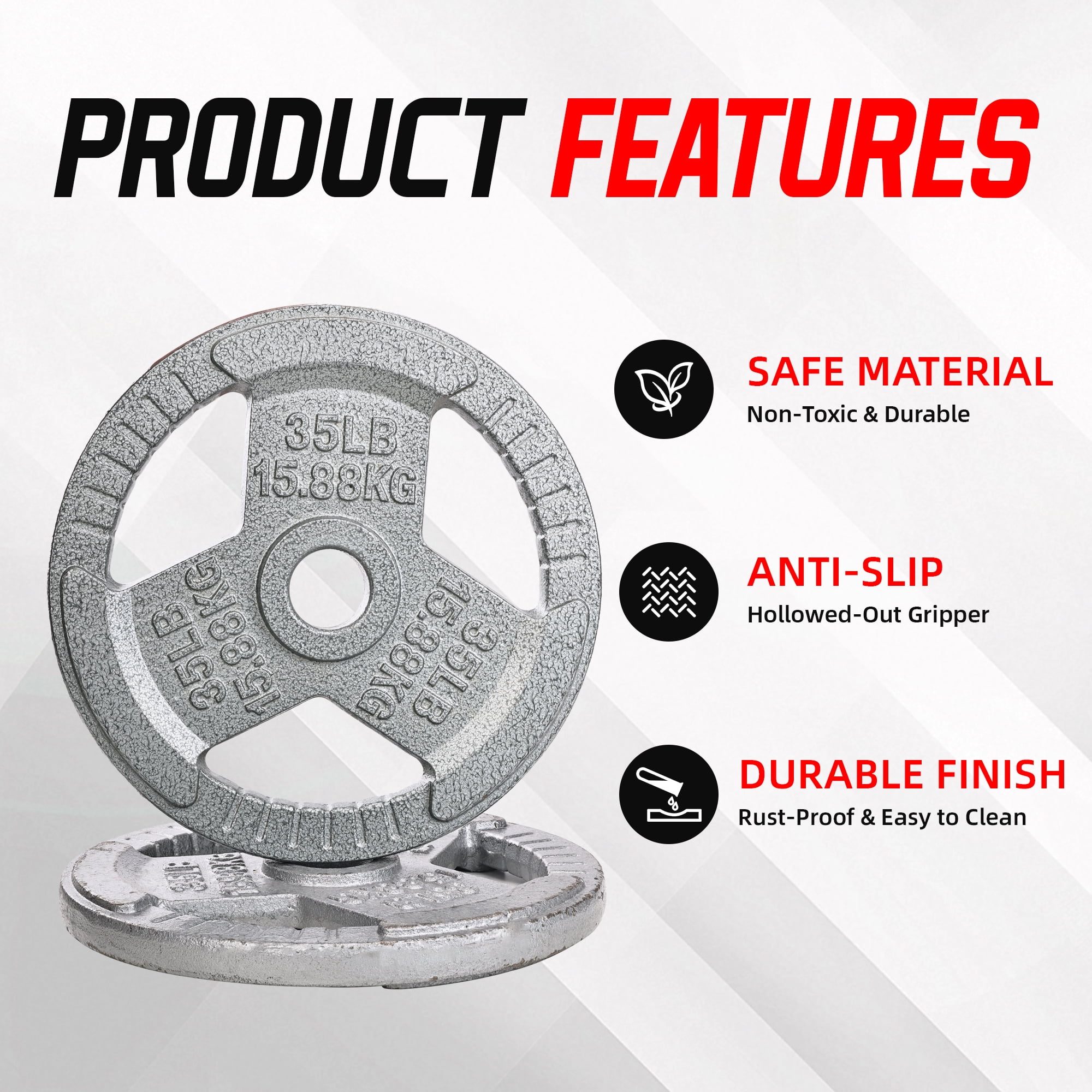 Signature Fitness 2-Grip Olympic Cast Iron Weight Plates, 2-Inch Hole, 2.5LB–45LB, Black with Silver Lettering
