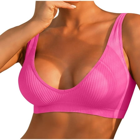 Plunge Ribbed Stretch Bras for Woman V Neck Seamless Wirefree Bra Sexy Sports Workout Bra