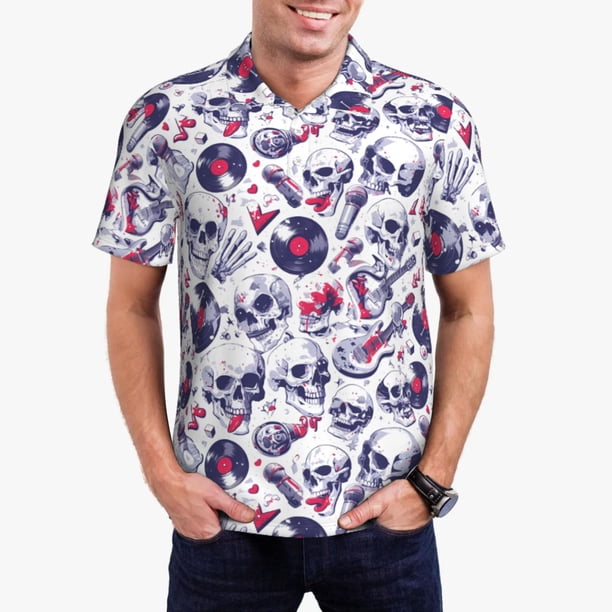 Fotbe music Skull record mike Camiseta Polo de Golf para Hombre con Estampado – Camisa Deportiva Transpirable con Cuello Abotonado-X-Large