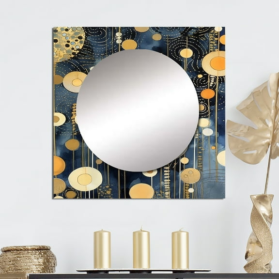 Designart "Pastel Abstract with Spots of Blue, Black, and Gold XV" Modern Geometric Square Mirror For Wall Decor - Large Gold Square Printed Wall Mirror Art - Wall Mounted Square Mirror