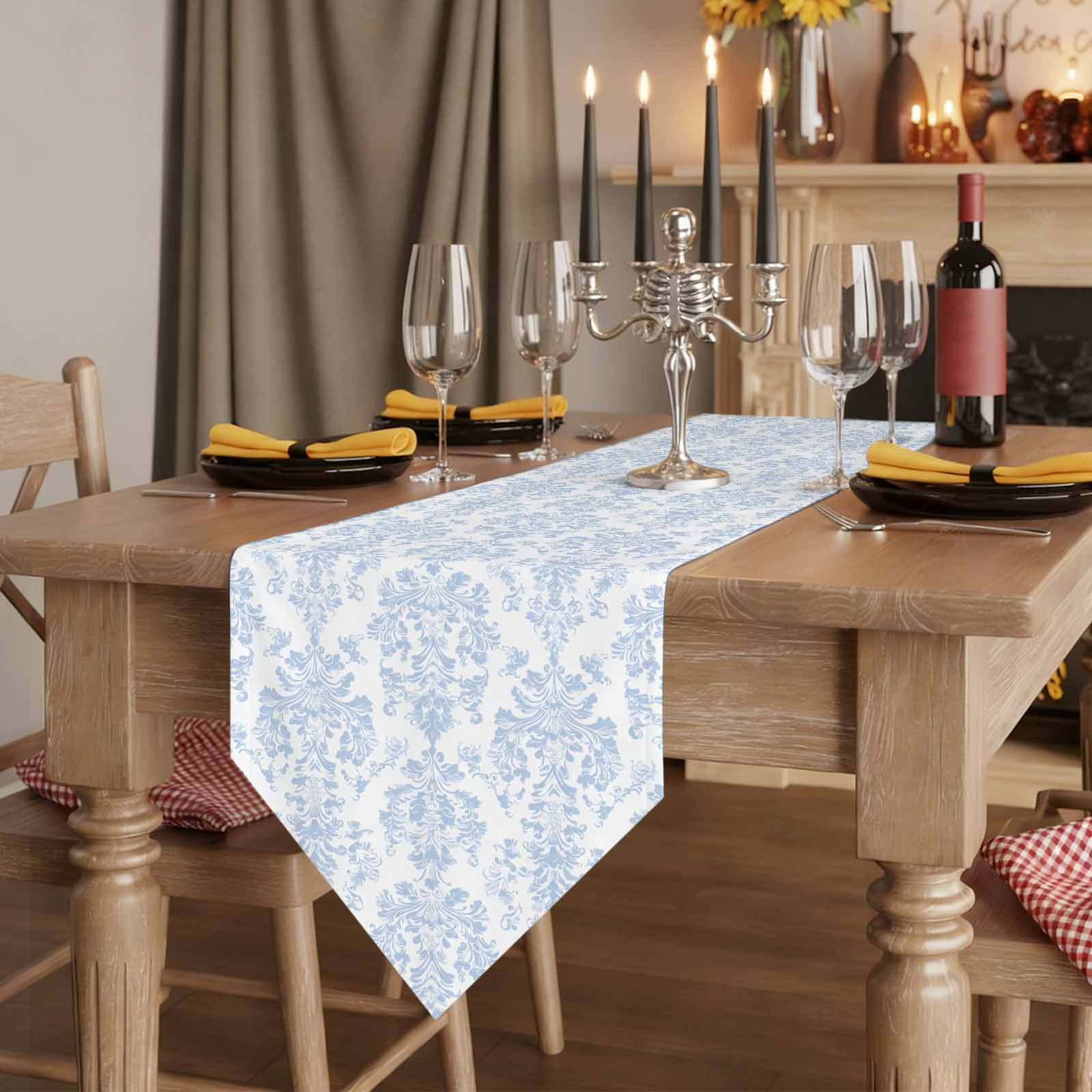 Blue Vintage Wallpaper Table Runner for Dining Room, Medieval Turkish Pattern Cotton Linen Dining Table Runner Tablecloth Dresser Scarves for Kitchen Cafe 13x120 Inches Long